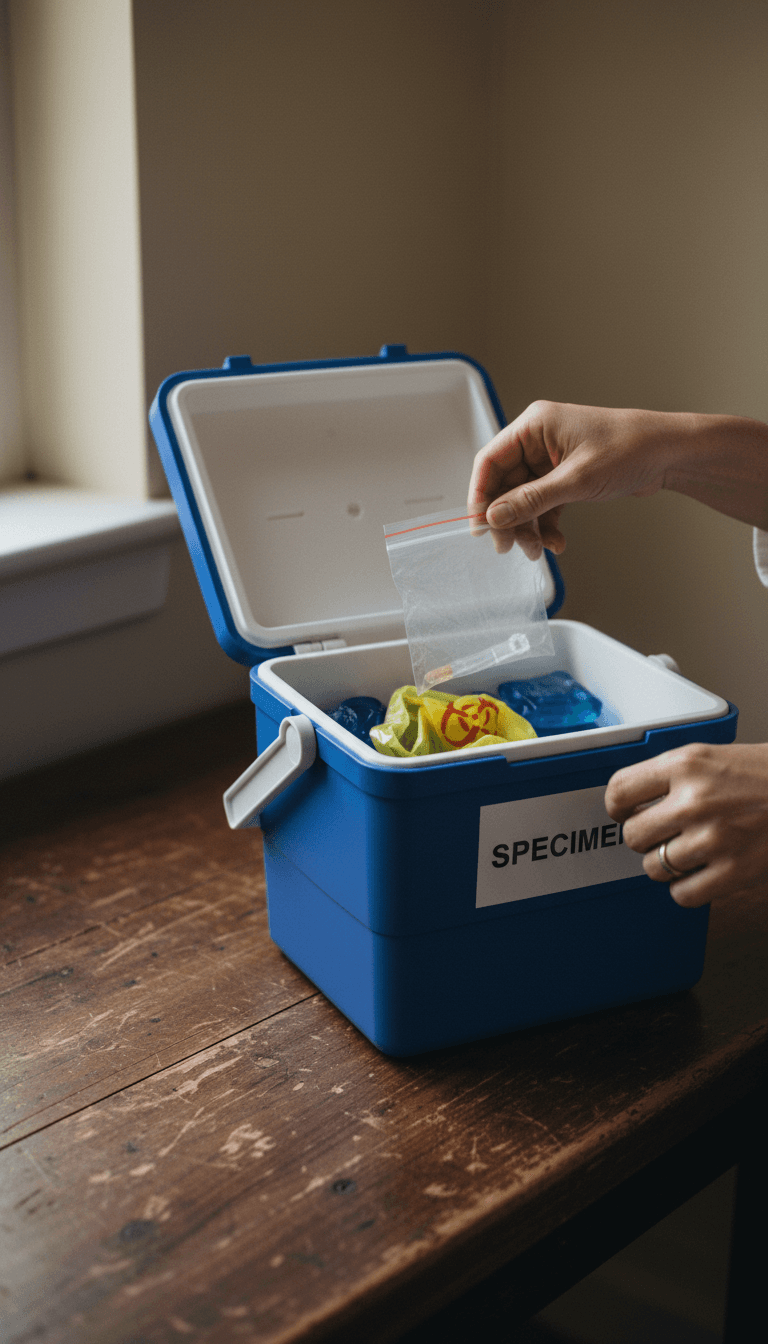 Hands placing a sealed specimen bag into a labeled transport cooler