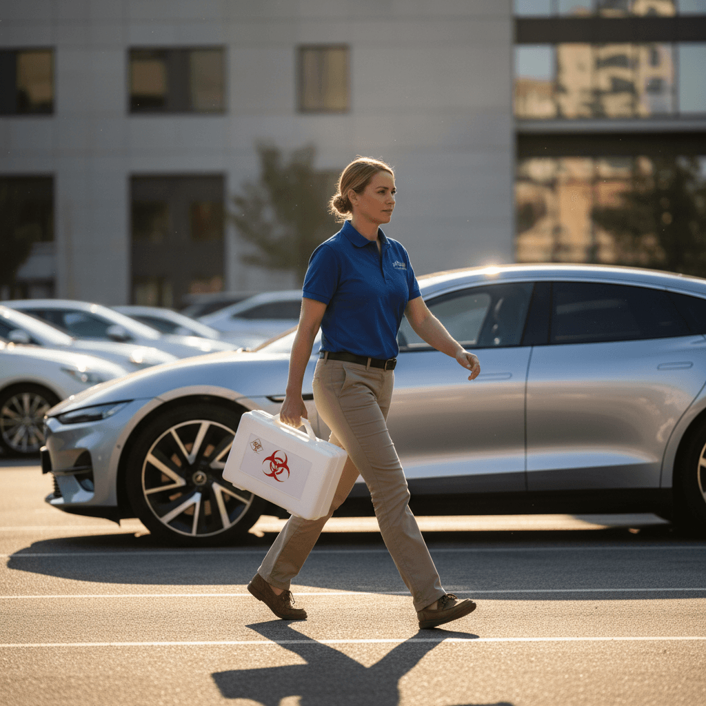 Woman in blue polo walking to a car with a sealed specimen case