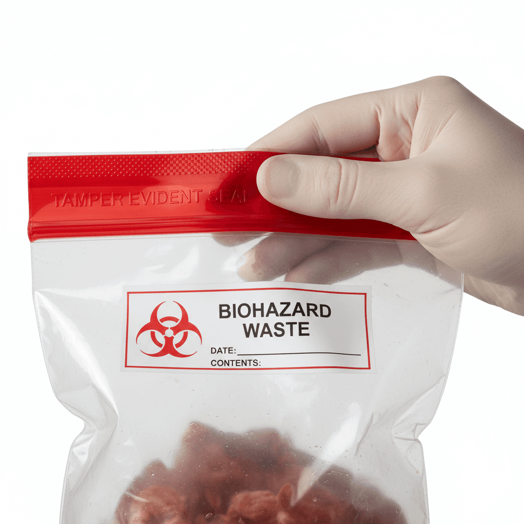 Gloved hand holding a sealed tamper-evident biohazard specimen bag