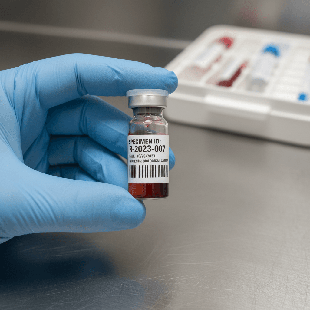 Close-up of a sealed specimen vial in gloved hands