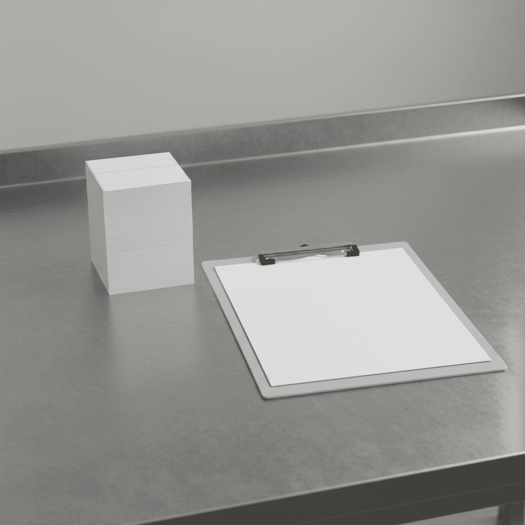 Stack of shipping labels and a clipboard on a metal tabletop