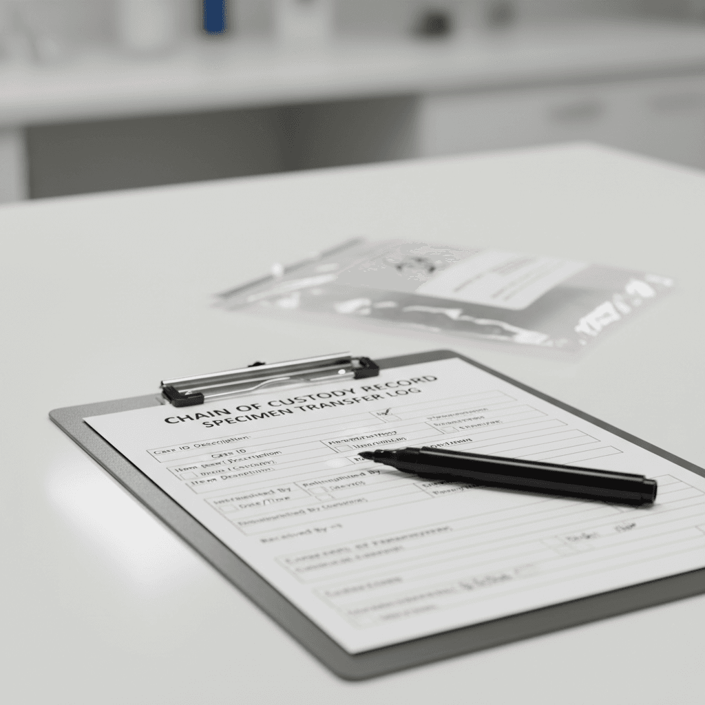 Clipboard with chain-of-custody form on a countertop next to a sealed bag
