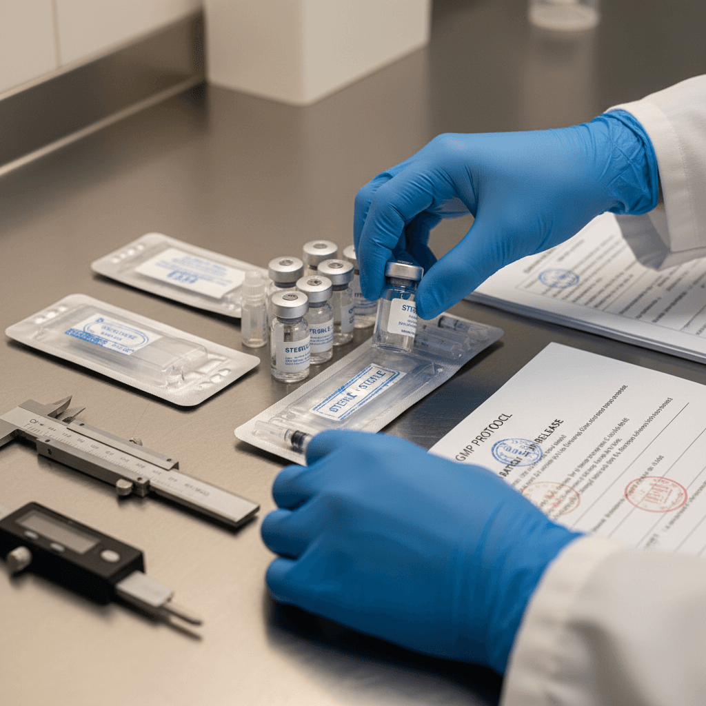 Hands labeling a sealed specimen transport bag on a clean countertop