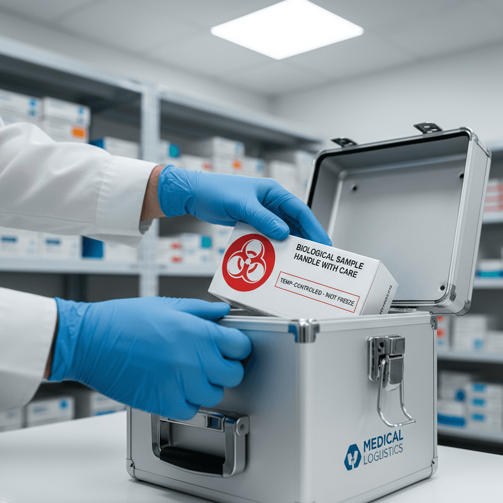 Gloved hand placing a sealed specimen bag into a secure transport cooler